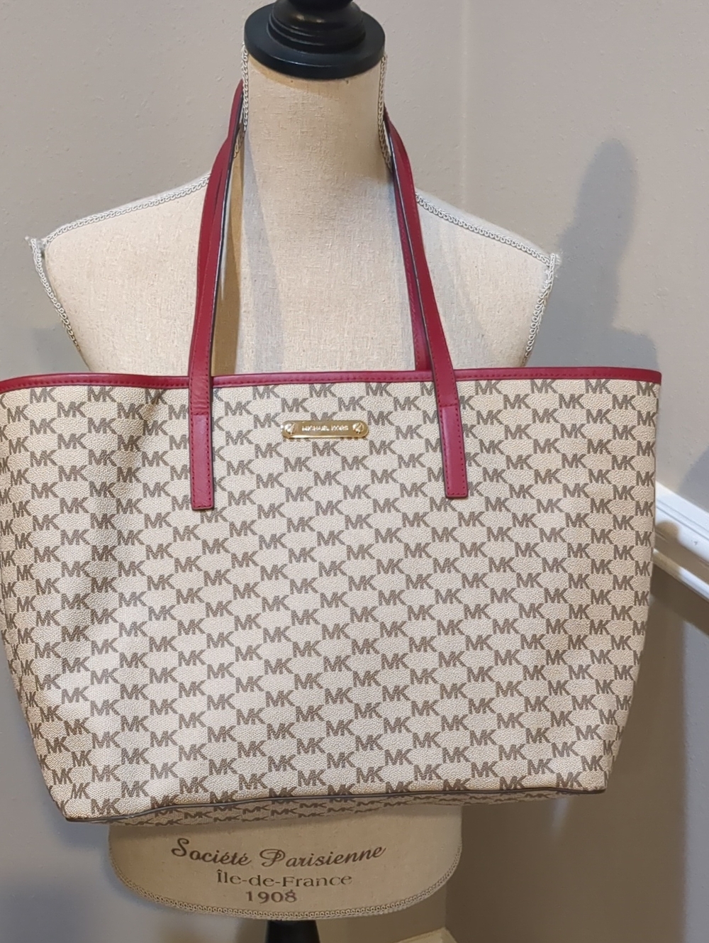 Michael Kors Emery Large Cream/Tan MK Logo Tote with Red Trim